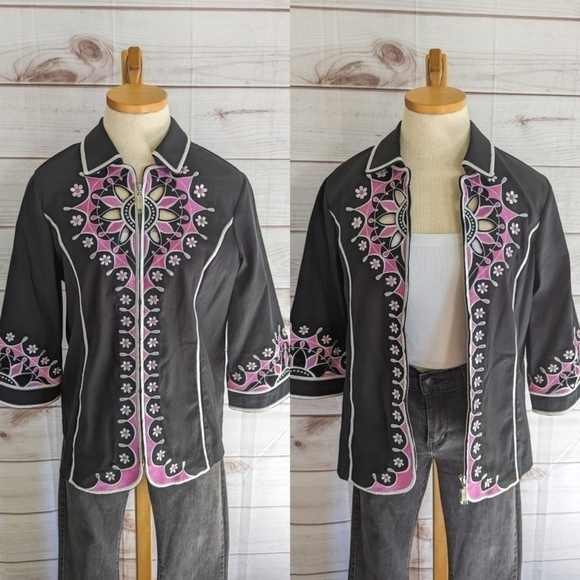 Bob Mackie Vintage Embroidered Cut Out Jacket in Black Pink and White Size Small - Picture 1 of 13